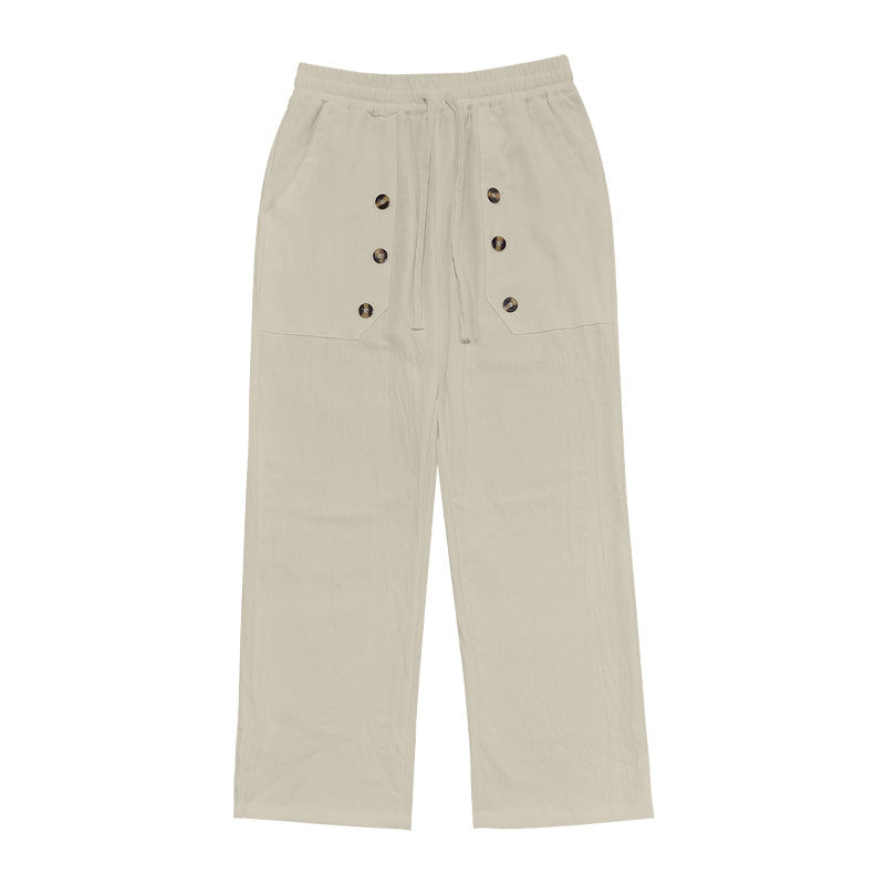 Men's Casual Hawaii Beach Multi Button Cotton Linen Trousers