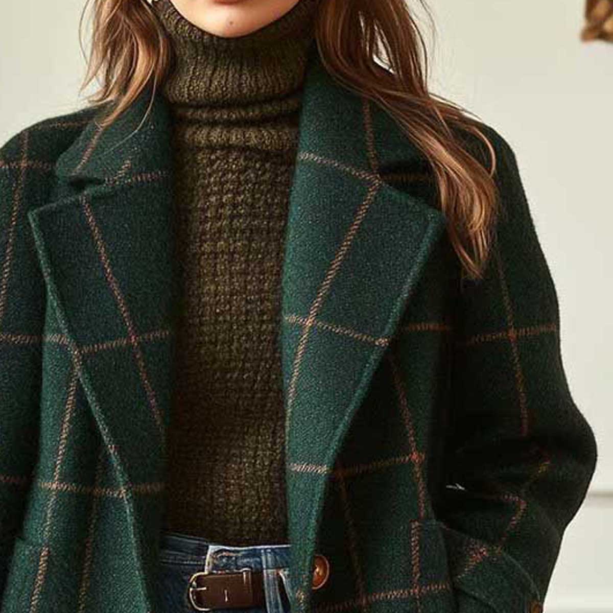 Women's Vintage Wool Plaid Mid-Length Lapel Jacket Coat