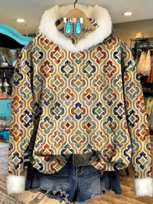 Beige Vintage Ethnic Plaid Flowers Print Imitation Rabbit Fur Trim Casual Hoodie Sweatshirt