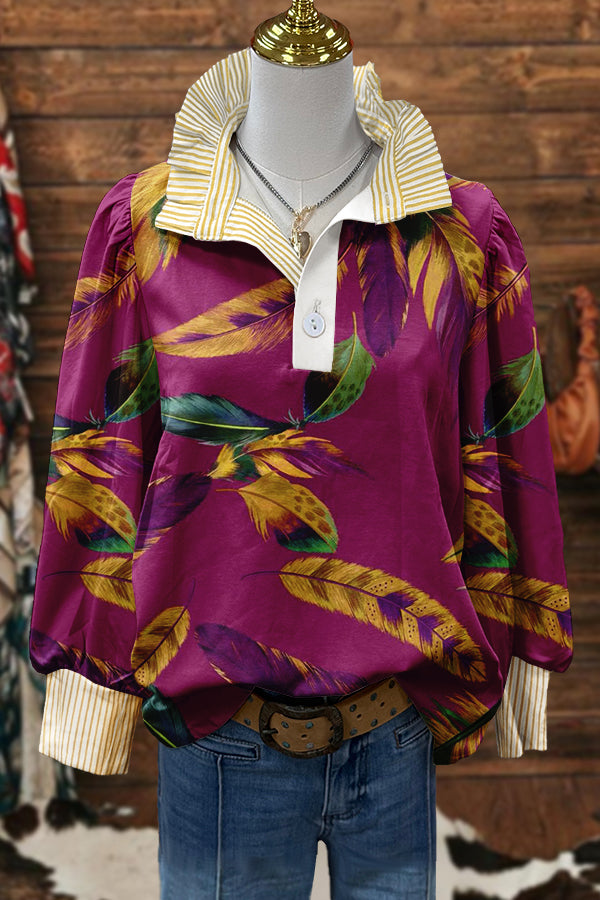 Chic Mardi Gras Print Puff Sleeve Blouse