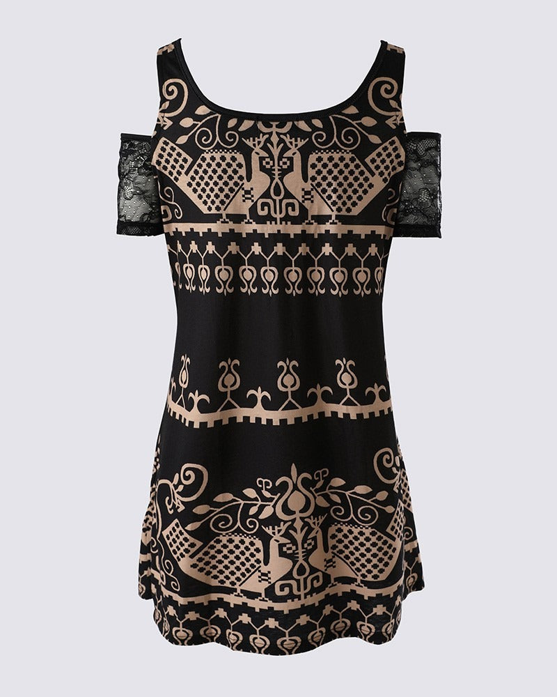 Tribal Print V Neck Cold Shoulder Dress