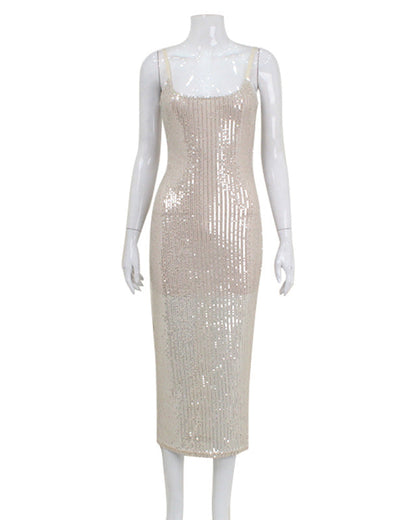 Beaded Sequin Slim Fit Strap Bodycon Long Dress