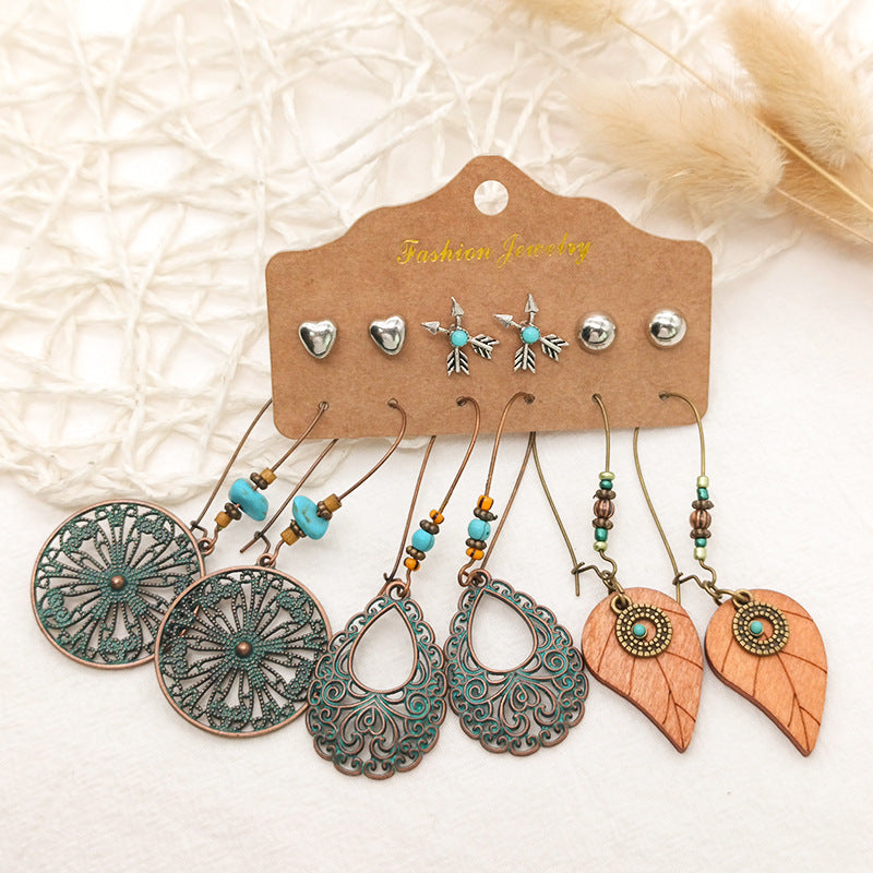 Women's Bohemian Long Tassel Leaf Feather Set Earrings