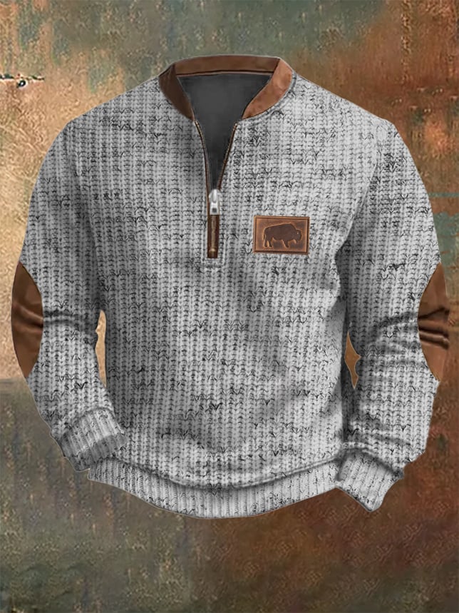 Men's Western Vintage Knitted Jacquard Print Zip Collar Sweatshirt