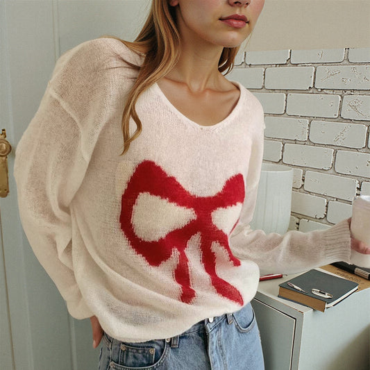 Retro Round Neck Bow Printed Printed And Loose Versatile Thin Knit Sweater Tops