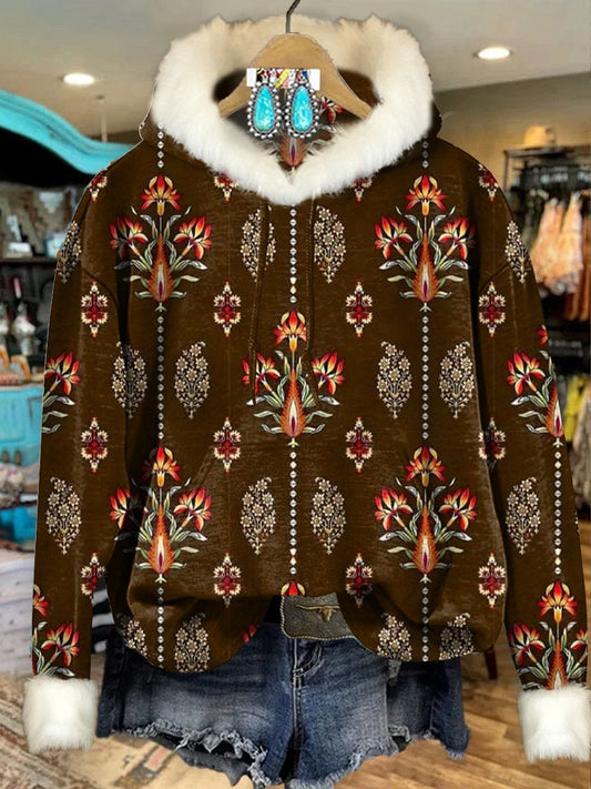 Brown Vintage Flowers Print Imitation Rabbit Fur Trim Casual Hoodie Sweatshirt