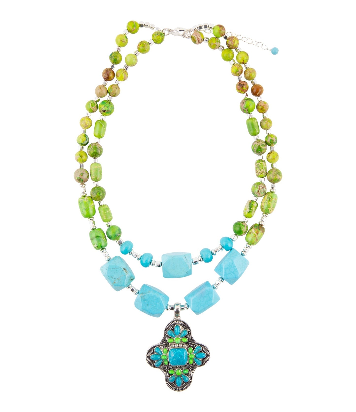 Barse Zion Lime Green and Blue Turquoise and Sterling Silver Statement Necklace