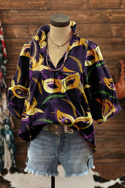 Chic Mardi Gras Puff Sleeve Blouse