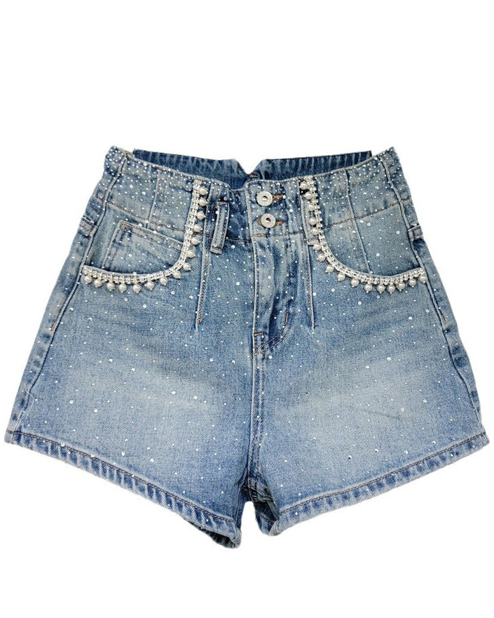 High-Waisted Diamond-Beaded Denim Shorts