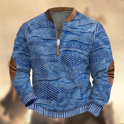 Men's Vintage Western Knit Print Zipper Stand Collar Casual Sweatshirt