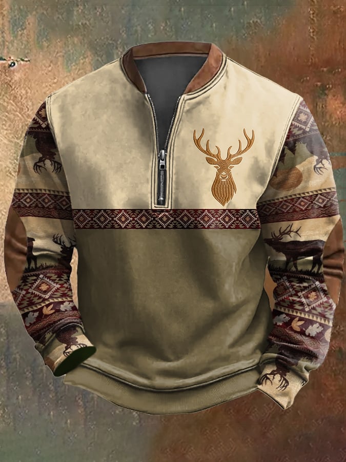 Men's Casual Vintage Elk Contrast Zip-Up Sweatshirt