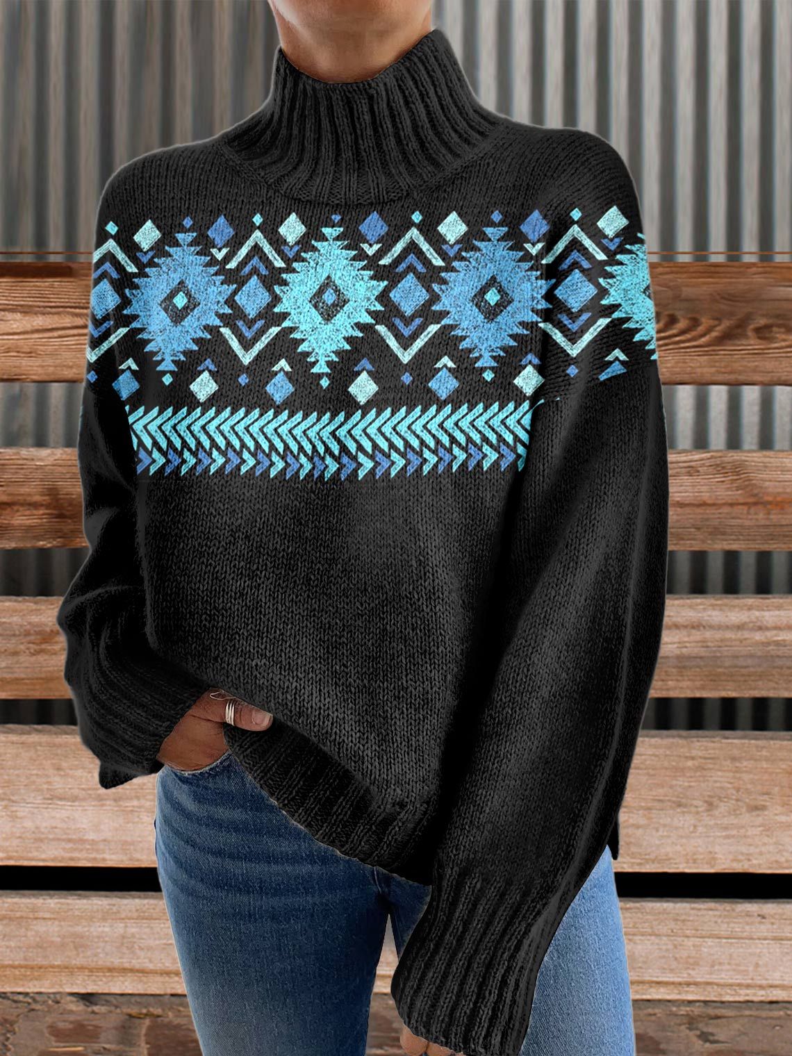 Aztac Print Knit Turtleneck Pullover Sweater