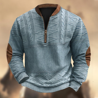 Men's Vintage Country Western Knitted Print Zipper Stand Collar Casual Sweatshirt