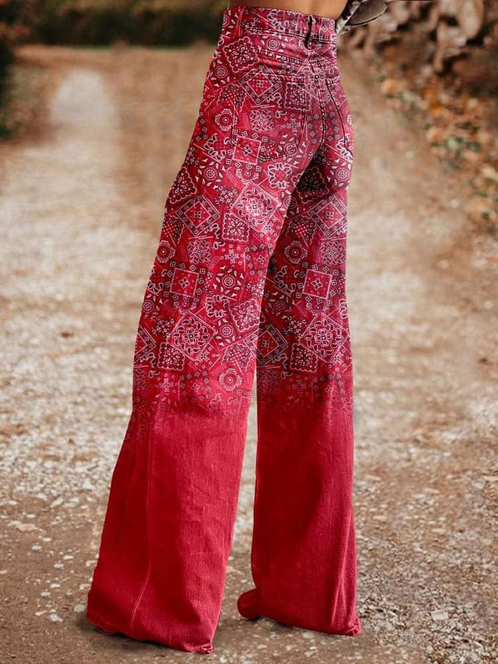 Women's Red Paisley Print Casual Wide Leg Pants