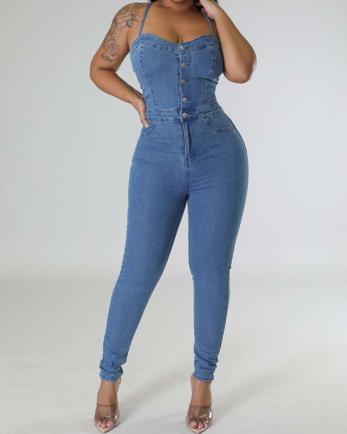 Skinny Stretch Fit Backless Bandage Denim Jumpsuit