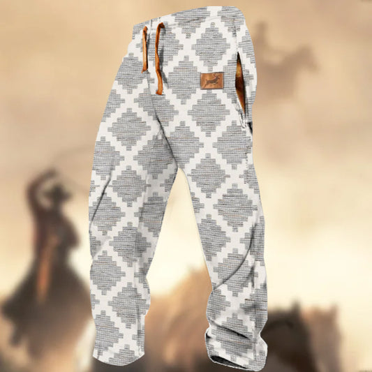 Men's Retro Western Country Diamond Texture Elk Logo Print Casual Sweatpants