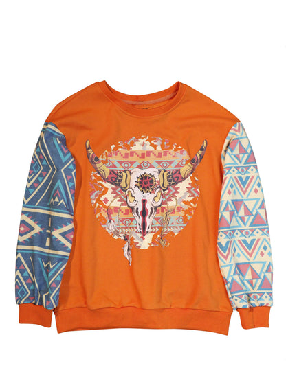 American Bling Women Vintage Bull Skull Aztec Style Sweatshirt