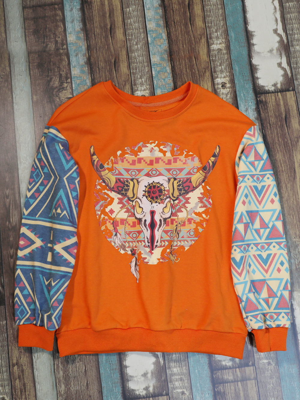 American Bling Women Vintage Bull Skull Aztec Style Sweatshirt