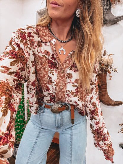 Women's Western Floral Print Long Sleeve Shirt