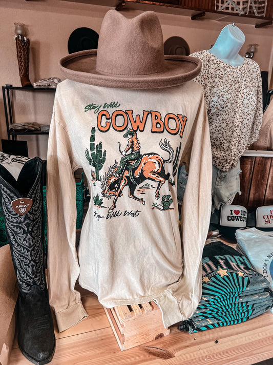 Stay Wild Cowboy Long Sleeve Tee (Oatmeal)