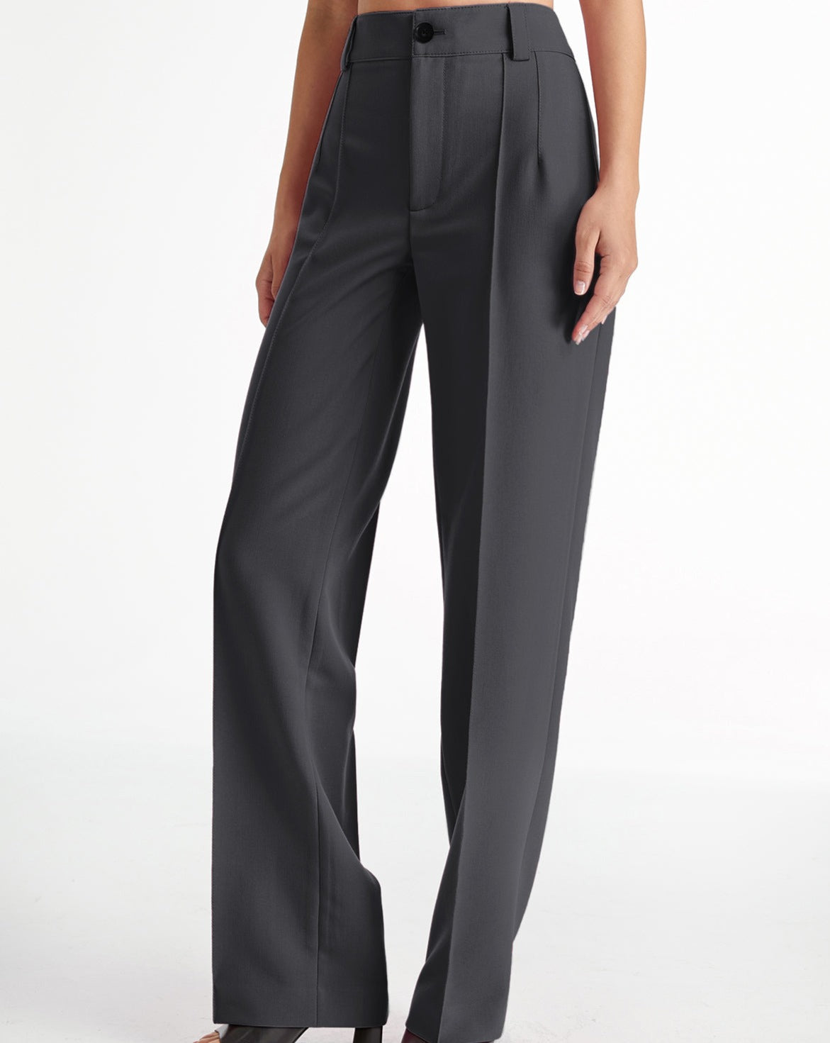 High Waisted Pleat Front Solid Colored Straight Leg Trousers