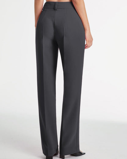 High Waisted Pleat Front Solid Colored Straight Leg Trousers