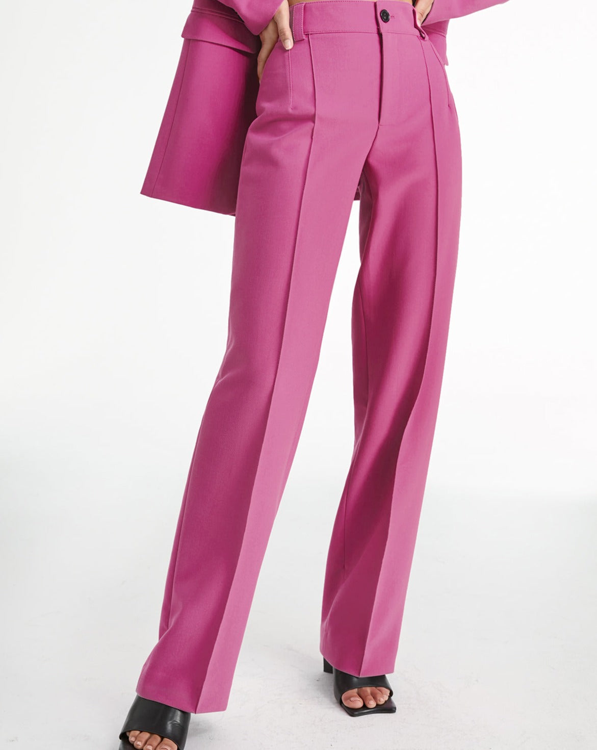 High Waisted Pleat Front Solid Colored Straight Leg Trousers