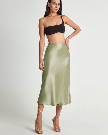 High Waisted Satin Flowy Midi Skirt