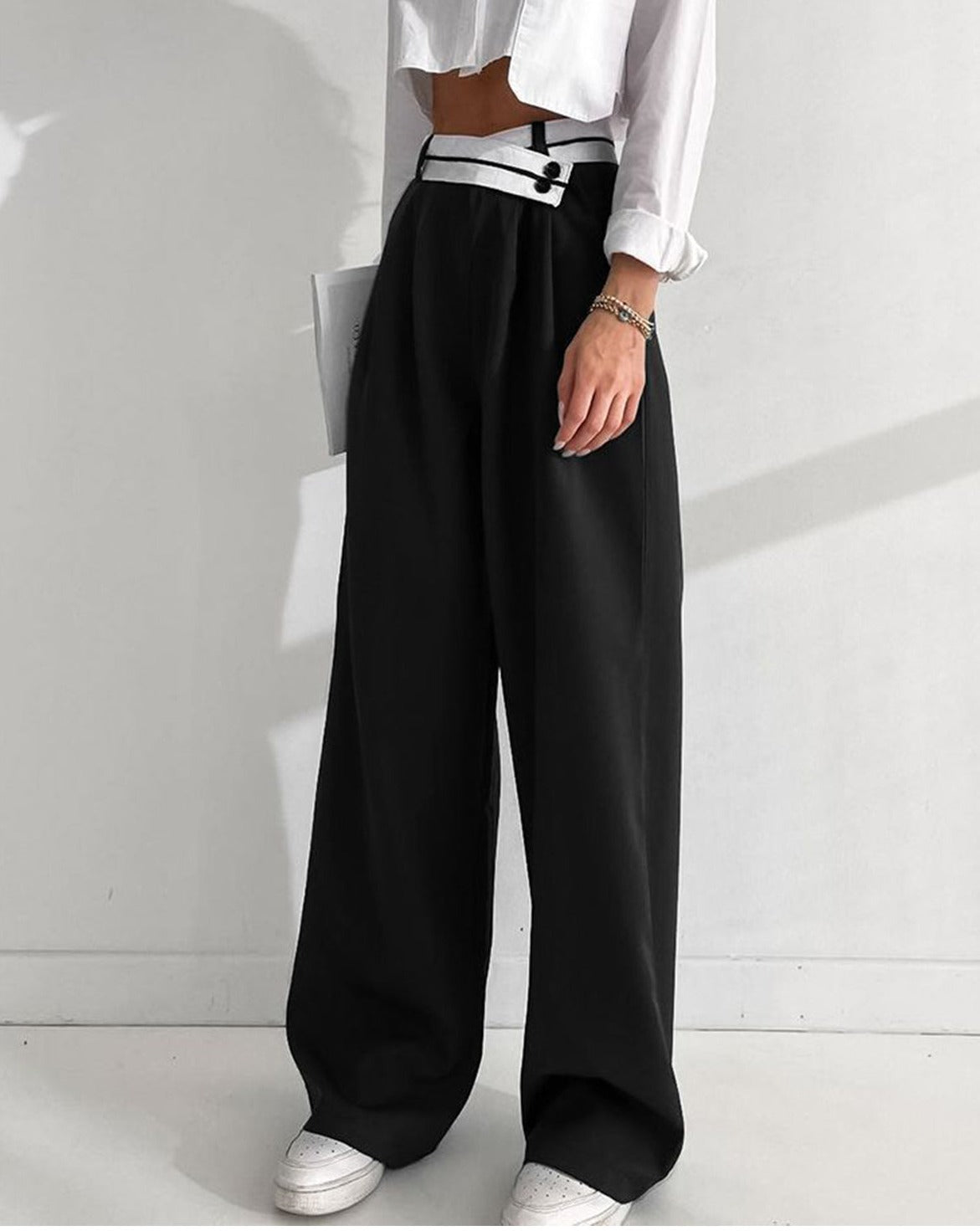 Asymmetrical Contrast Waistband Wide Leg Dress Pants