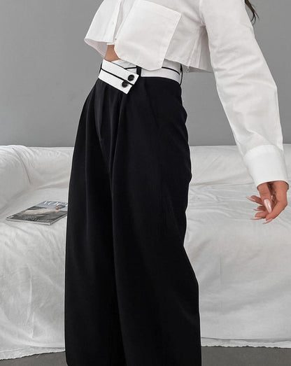 Asymmetrical Contrast Waistband Wide Leg Dress Pants