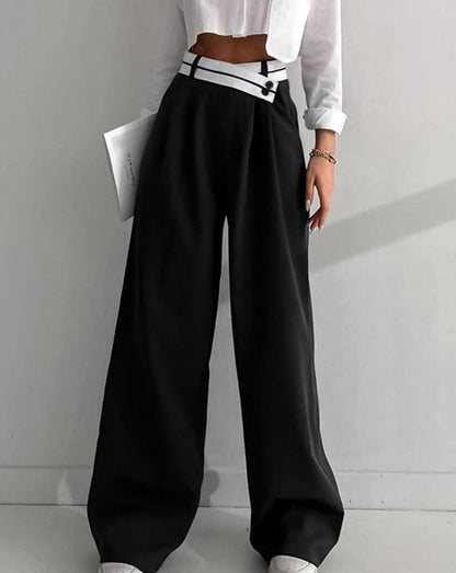 Asymmetrical Contrast Waistband Wide Leg Dress Pants