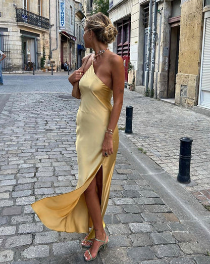 Moonlight Open Back Satin Slit Long Dress