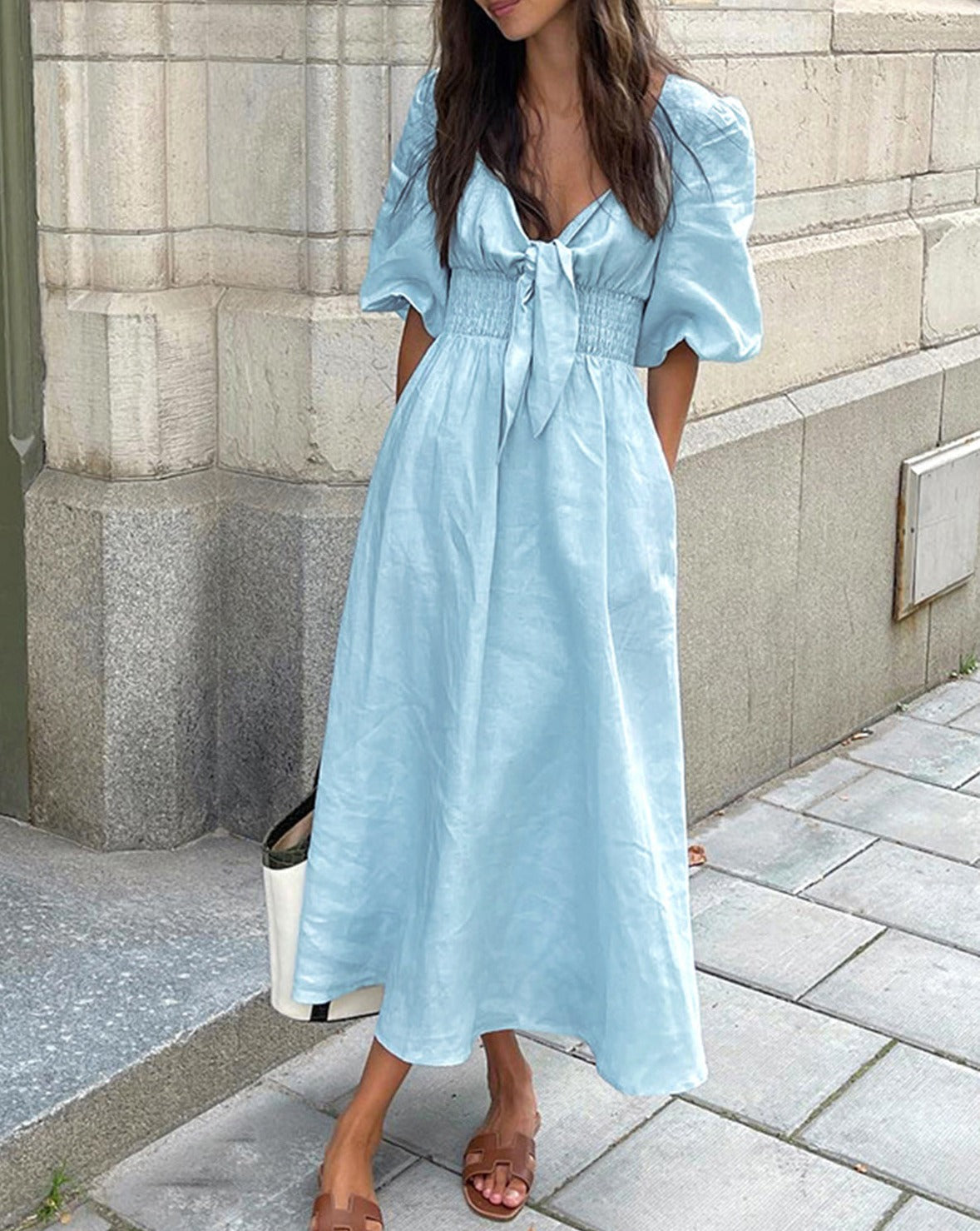 Linen Cotton Front Tie Midi Dress