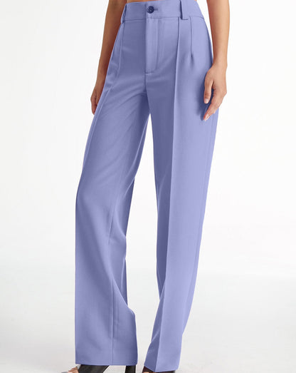 High Waisted Pleat Front Solid Colored Straight Leg Trousers