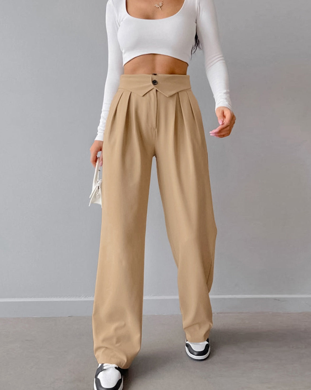 Street Fold Over Waistband Straight Leg Dress Pants