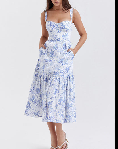 Forget Me Not Floral Pockets Zippered Long Dress