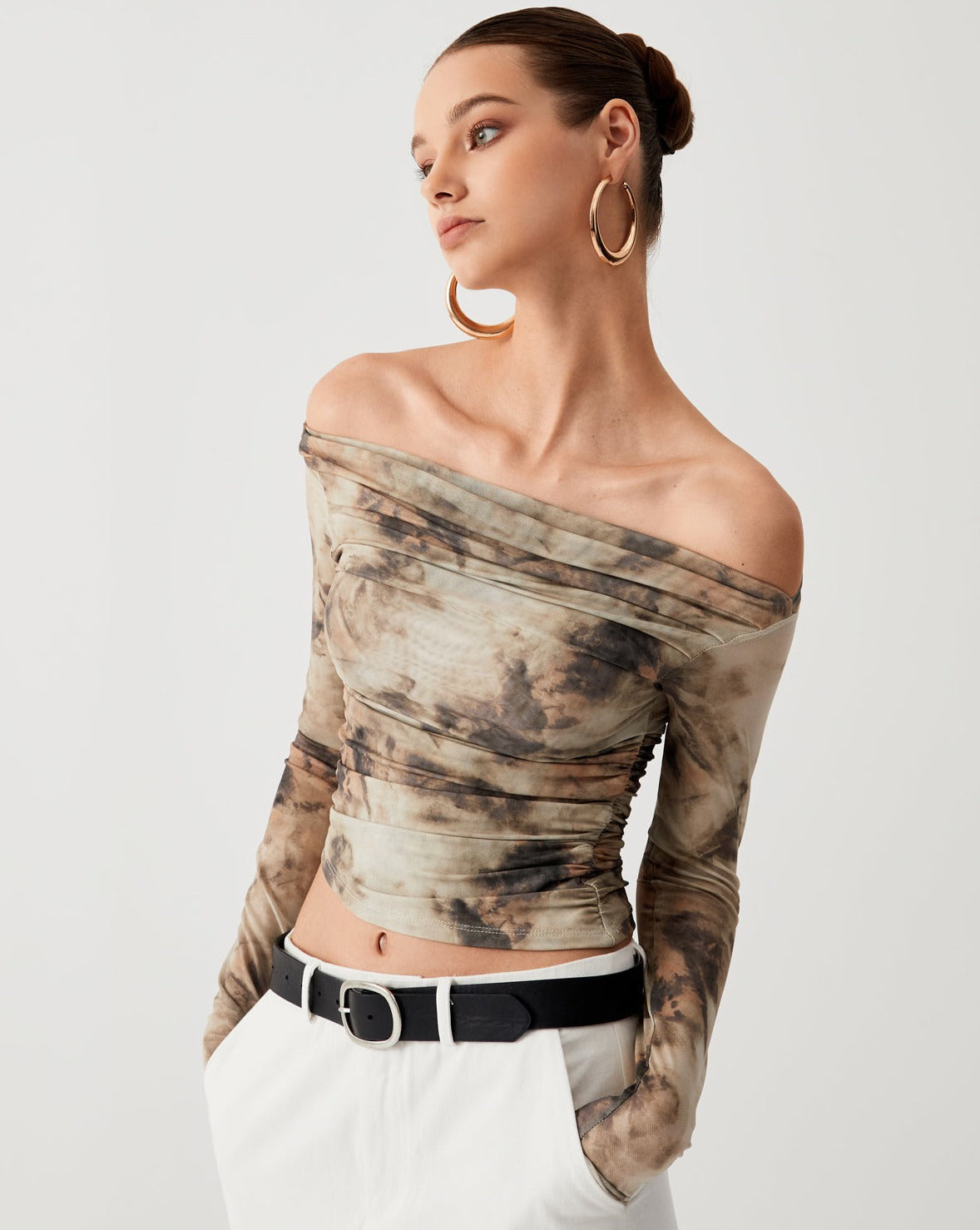 Terracotta Tulle Mesh Off Shoulder Long Sleeve Crop Top