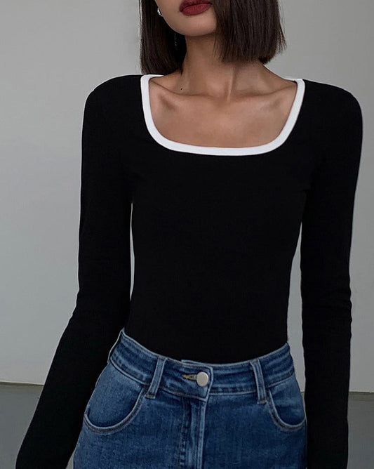 Sliver Lining Contrast Neckline Long Sleeve Top