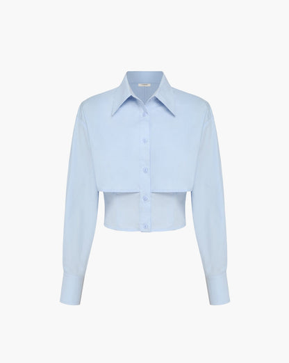 Baby Blue Open Collar Double Layer Crop Shirt