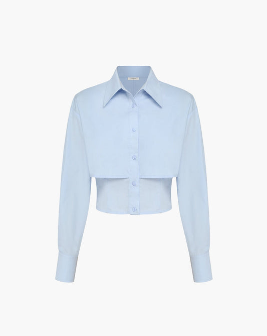 Baby Blue Open Collar Double Layer Crop Shirt