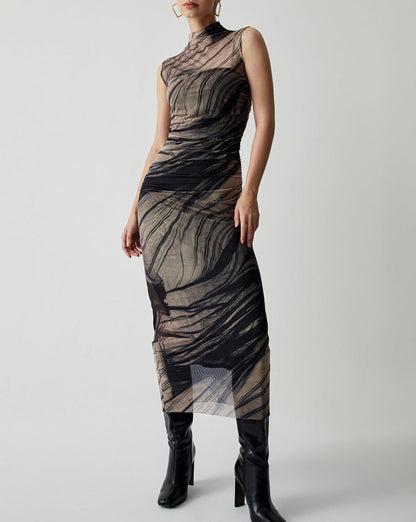 Ruched Tulle Mesh Mock Neck Long Dress