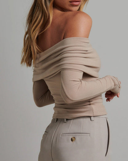 Off Shoulder Overfold Long Sleeve Crop Shirt