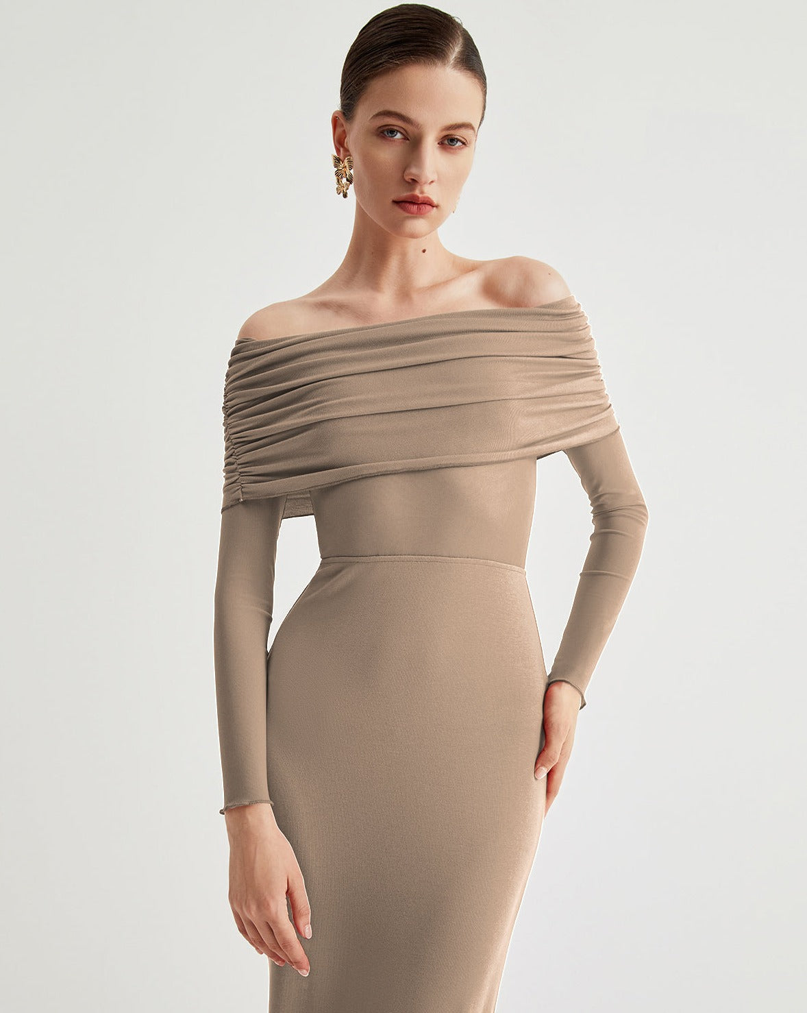 Overfold Off-Shoulder Mesh Long Sleeve Long Dress