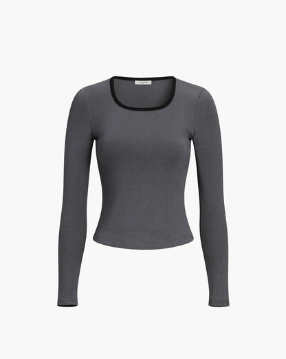 Sliver Lining Contrast Neckline Long Sleeve Top