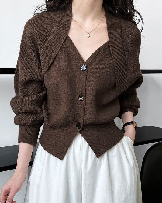 Patchwork V-neck Button Sweater