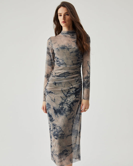 Mesh Floral Print Ruched Long Sleeve Midi Dress