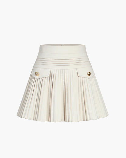 Golden Button Pleated Short Skirt