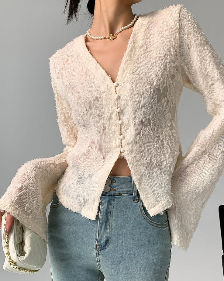 V-Neck Ruffle Long Sleeve Blouse