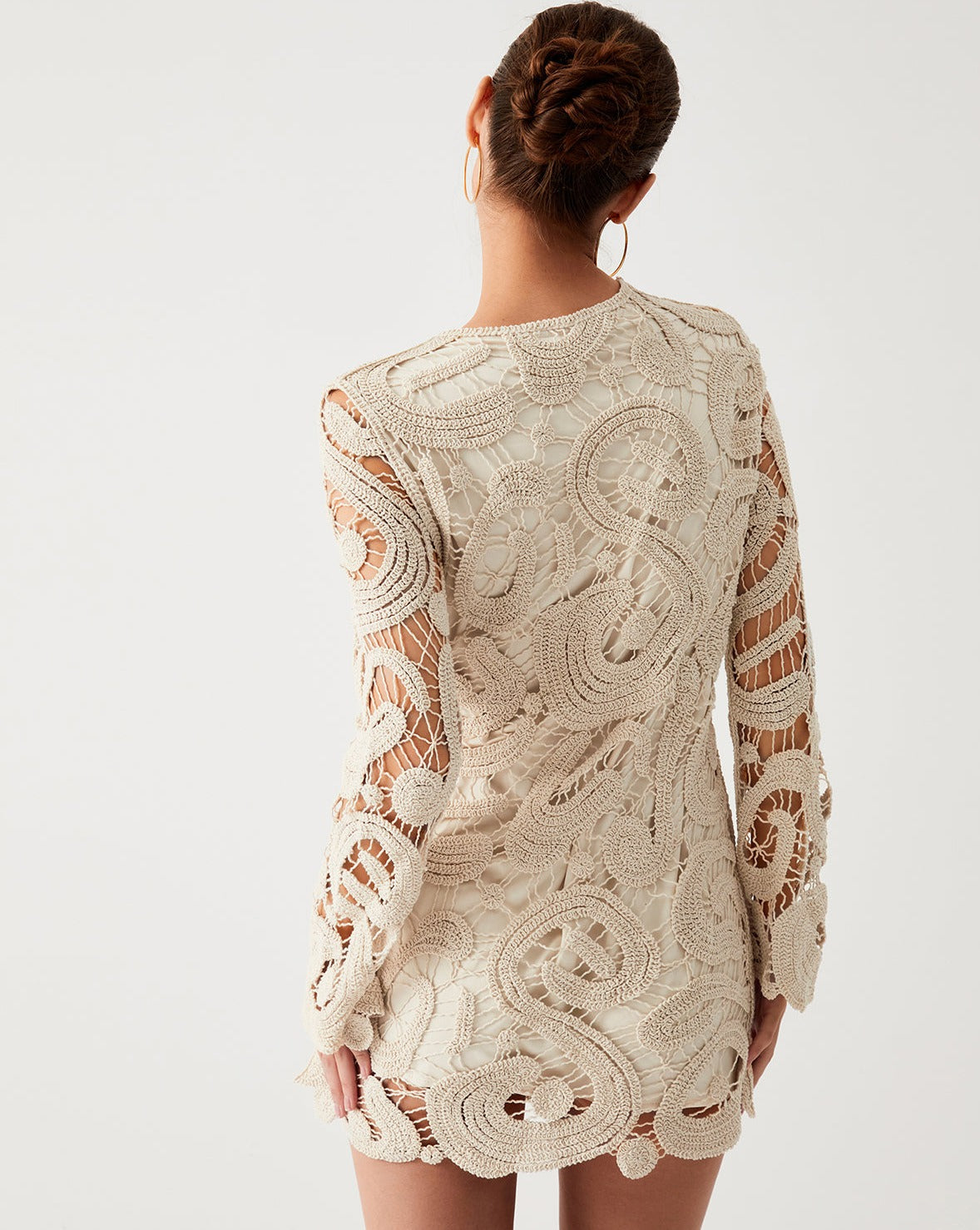 Crochet Paisley Long Sleeve Short Dress