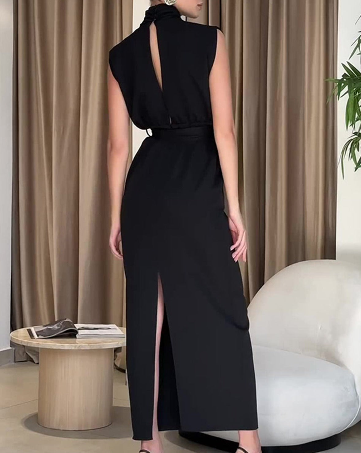 Solid Slit Belted Turtleneck Long Dress